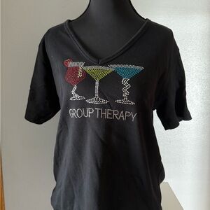 Black Graphic Tee with Rhinestone Design